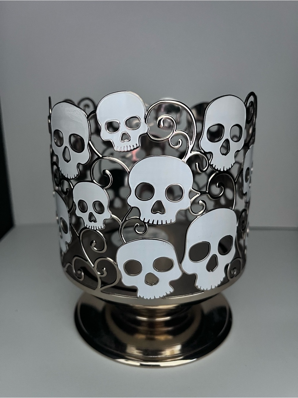 Bath & Body Works Silver Candle Holder with White Skull Accents